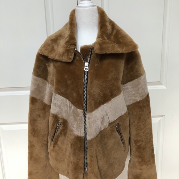 Cropped Brown Chevron-stripe Shearling Jacket - Picture 6 of 13